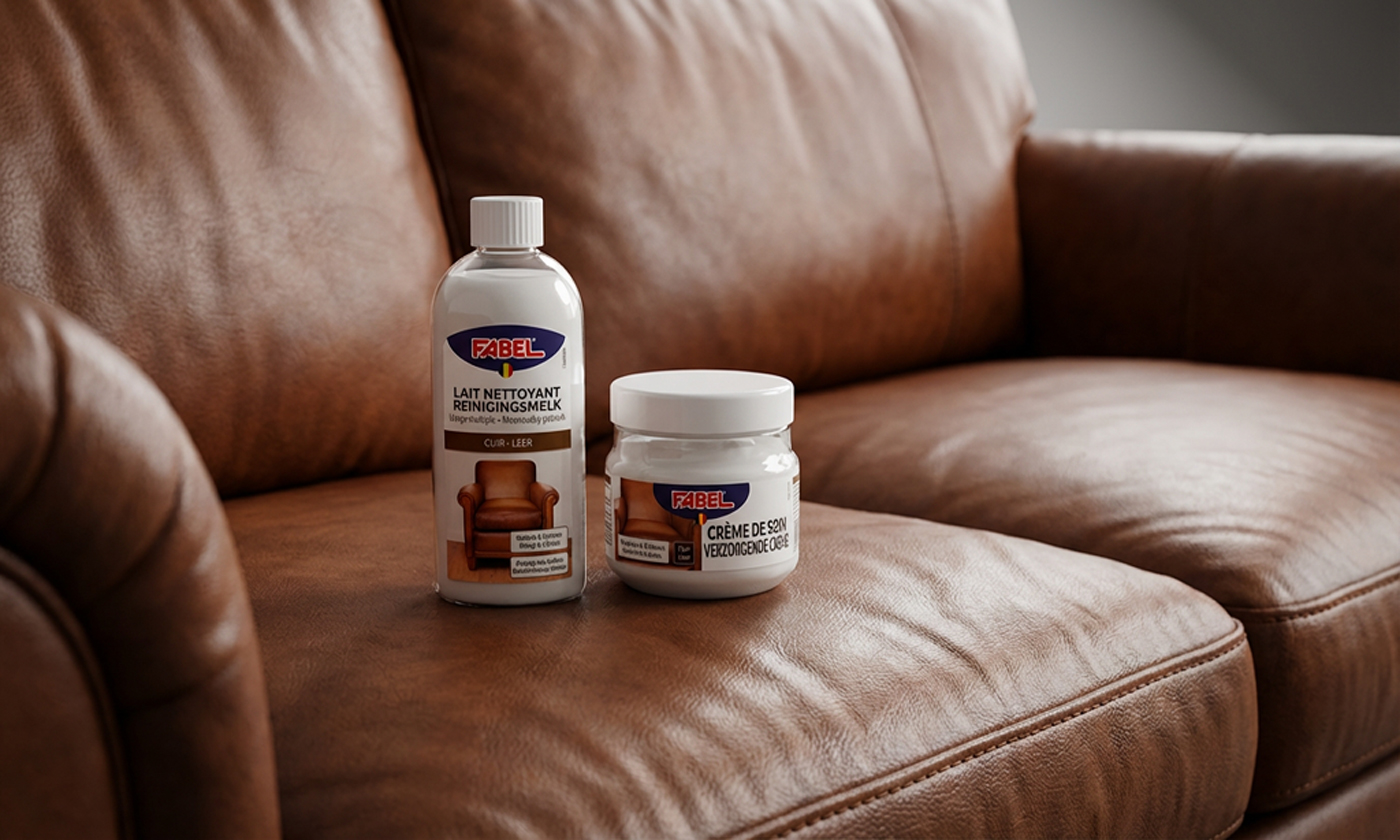 Deux produits d'entretien sont posés sur un canapé en cuir